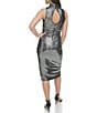 Color:Black Silver - Image 2 - Disco Dotted Metallic Knit Mock Neck Sleeveless Side Ruched Tulip Hem Sheath Dress