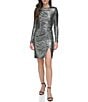 Color:Black Silver - Image 1 - Disco Dotted Sequin Knit Crew Neck Long Sleeve Side Ruched Side Slit Metallic Sheath Dress