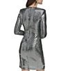 Color:Black Silver - Image 2 - Disco Dotted Sequin Knit Crew Neck Long Sleeve Side Ruched Side Slit Metallic Sheath Dress