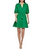 Color:Green - Image 1 - Eyelet V-Neck Short Balloon Sleeve Tie Front Pocketed Mini A-Line Dress