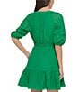 Color:Green - Image 2 - Eyelet V-Neck Short Balloon Sleeve Tie Front Pocketed Mini A-Line Dress