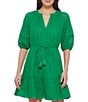 Color:Green - Image 3 - Eyelet V-Neck Short Balloon Sleeve Tie Front Pocketed Mini A-Line Dress