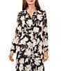 Color:Rich Black - Image 3 - Floral Petal Print Point Collar Long Sleeve Button Front Belted Yoryu Midi Shirt Dress