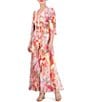 Color:Pink - Image 1 - Floral Print Chiffon V-Neck Short Sleeve Pleated Maxi Dress