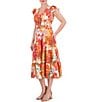 Color:Multi - Image 1 - Floral Print Crepe de Chine V-Neck Ruffle Cap Sleeve A-Line Midi Dress
