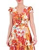 Color:Multi - Image 3 - Floral Print Crepe de Chine V-Neck Ruffle Cap Sleeve A-Line Midi Dress