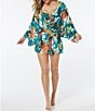 Color:Multi - Image 1 - Floral Print Surplice V-Neck Kimono Sleeve Cover-Up Romper