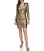 Color:Gold - Image 1 - Foiled Metallic Knit V-Neck Long Sleeve Ruched Bodycon Dress