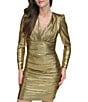 Color:Gold - Image 3 - Foiled Metallic Knit V-Neck Long Sleeve Ruched Bodycon Dress