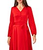 Color:Ultra Red - Image 3 - Hammered Satin V-Neck Long Blouson Sleeve Button Front Self Belted A-Line Midi Dress