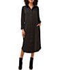 Color:Rich Black - Image 1 - Heavy Charmeuse Point Collar Long Sleeve Pocketed Midi Shirt Dress