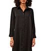 Color:Rich Black - Image 3 - Heavy Charmeuse Point Collar Long Sleeve Pocketed Midi Shirt Dress