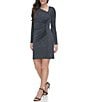 Color:Navy - Image 1 - Lurex Metallic Knit Glitter Asymmetrical Neck Long Sleeve Side Ruched Bodycon Dress