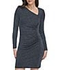 Color:Navy - Image 3 - Lurex Metallic Knit Glitter Asymmetrical Neck Long Sleeve Side Ruched Bodycon Dress