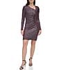 Color:Magenta - Image 1 - Lurex Metallic Knit Glitter Asymmetrical Neck Long Sleeve Side Ruched Bodycon Dress