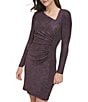 Color:Magenta - Image 3 - Lurex Metallic Knit Glitter Asymmetrical Neck Long Sleeve Side Ruched Bodycon Dress
