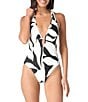 Vince Camuto Midnight Shadow Plunge Neck Shirred One Piece Swimsuit, Color:Black/White - Image 1
