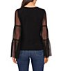Color:Rich Black - Image 2 - Mixed Media Mesh Long Bell Sleeve Crew Neck Knit Top