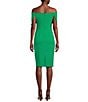 Color:Green - Image 2 - Off-the-Shoulder Short Sleeve Fold Over Ruched Waist Sheath Dress