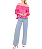 Color:Hot Pink - Image 3 - Off-the-Shoulder Woven Poplin Smocked 3/4 Sleeve Blouse
