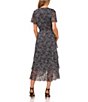Color:Rich Black - Image 2 - Paint Strokes Print Mesh V-Neck Short Sleeve Smocked Waist Tiered A-Line Midi Dress