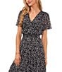 Color:Rich Black - Image 3 - Paint Strokes Print Mesh V-Neck Short Sleeve Smocked Waist Tiered A-Line Midi Dress