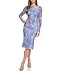 Color:Blue - Image 1 - Paisley Print Long Sleeve Asymmetrical V-Neck Mesh Midi Bodycon Dress