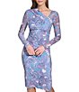 Color:Blue - Image 3 - Paisley Print Long Sleeve Asymmetrical V-Neck Mesh Midi Bodycon Dress