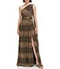 Color:Bronze - Image 1 - Pleated Foil Animal Print One Shoulder Sleeveless A-Line Gown