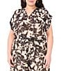 Vince Camuto Plus Flutter Sleeve Tie Front Split Round Neckline Printed Blouse, Color:Rich Black - Image 1