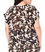 Vince Camuto Plus Flutter Sleeve Tie Front Split Round Neckline Printed Blouse, Color:Rich Black - Image 2