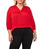 Color:Red Hot - Image 1 - Plus Size V-Neck 3/4 Sleeve Rumple Blouse