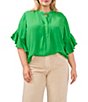 Color:Evergreen - Image 1 - Plus Size Banded Collar Short Ruffle Sleeve Blouse
