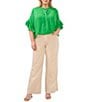 Color:Evergreen - Image 3 - Plus Size Banded Collar Short Ruffle Sleeve Blouse