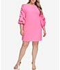 Color:Lipstick Pink - Image 1 - Plus Size Boat Neck 3/4 Laser-Cut Puff Sleeve Shift Dress