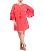 Color:Hot Coral - Image 1 - Plus Size Chiffon Keyhole Tie Round Neck 3/4 Pleated 3/4 Sleeve Shift Dress
