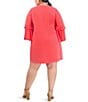 Color:Hot Coral - Image 2 - Plus Size Chiffon Keyhole Tie Round Neck 3/4 Pleated 3/4 Sleeve Shift Dress