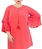 Color:Hot Coral - Image 4 - Plus Size Chiffon Keyhole Tie Round Neck 3/4 Pleated 3/4 Sleeve Shift Dress