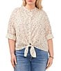 Color:Birch - Image 1 - Plus Size Floral Print 3/4 Roll-Tab Sleeve Tied Button Front Blouse