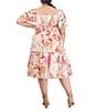 Color:Pink - Image 2 - Plus Size Floral Print Square Neck Short Puff Sleeve A-Line Dress