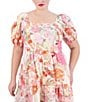 Color:Pink - Image 3 - Plus Size Floral Print Square Neck Short Puff Sleeve A-Line Dress