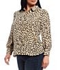 Color:Khaki Haze - Image 1 - Plus Size Point Collar Long Sleeve Leopard Print Button Down Blouse
