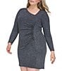 Color:Navy - Image 3 - Plus Size Lurex Metallic Knit Glitter Asymmetrical Neck Long Sleeve Ruched Side Bodycon Dress