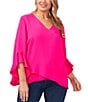 Color:Hot Pink - Image 5 - Plus Size Luxe Crepe De Chine 3/4 Ruffle Sleeve V-Neck Crisscross Hem Tunic