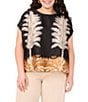 Vince Camuto Plus Size Coordinating Leaf Printed Crew Neck Short Sleeve Caftan Blouse, Color:Rich Black - Image 1