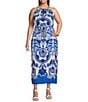 Vince Camuto Plus Size Printed Halter Neck Sleeveless Belted Maxi A-Line Dress, Color:Blue - Image 1