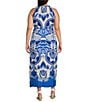 Vince Camuto Plus Size Printed Halter Neck Sleeveless Belted Maxi A-Line Dress, Color:Blue - Image 2