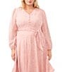 Color:Pink Orchid - Image 3 - Plus Size Raining Dots Print V-Neck Long Sleeve Belted Tie Waist A-Line Midi Dress