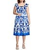 Vince Camuto Plus Size Smocked Square Neck Sleeveless Printed Fit And Flare Midi Dress, Color:Blue - Image 1