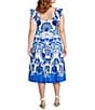 Vince Camuto Plus Size Smocked Square Neck Sleeveless Printed Fit And Flare Midi Dress, Color:Blue - Image 2